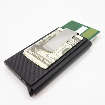 Mini Slim Rahakott Automaatne Lükake Kaart Juhul süsinikkiust PU Nahast RFID Taskud Alumiinium-ID-Raha Krediit Kaardi Hoidiku Klamber