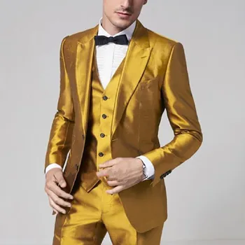Viimane Kuldsest Satiin Meeste Ülikonnad 2023 Slim Fit Prom Pool Etapp Peigmees Pulmas Smoking Ternos Meeste Ülikond 3 Tükki (Pintsak+Vest+Püksid)