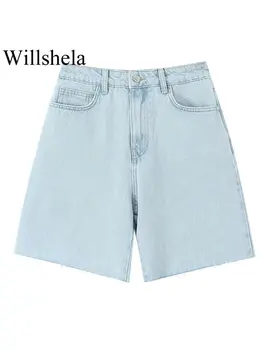 Willshela Naiste Mood, Millel On Taskud Teksasinine Ees Lukuga Lühikesed Püksid Vintage Kõrge Vöökoht Stiilne Naiste Lady Püksid